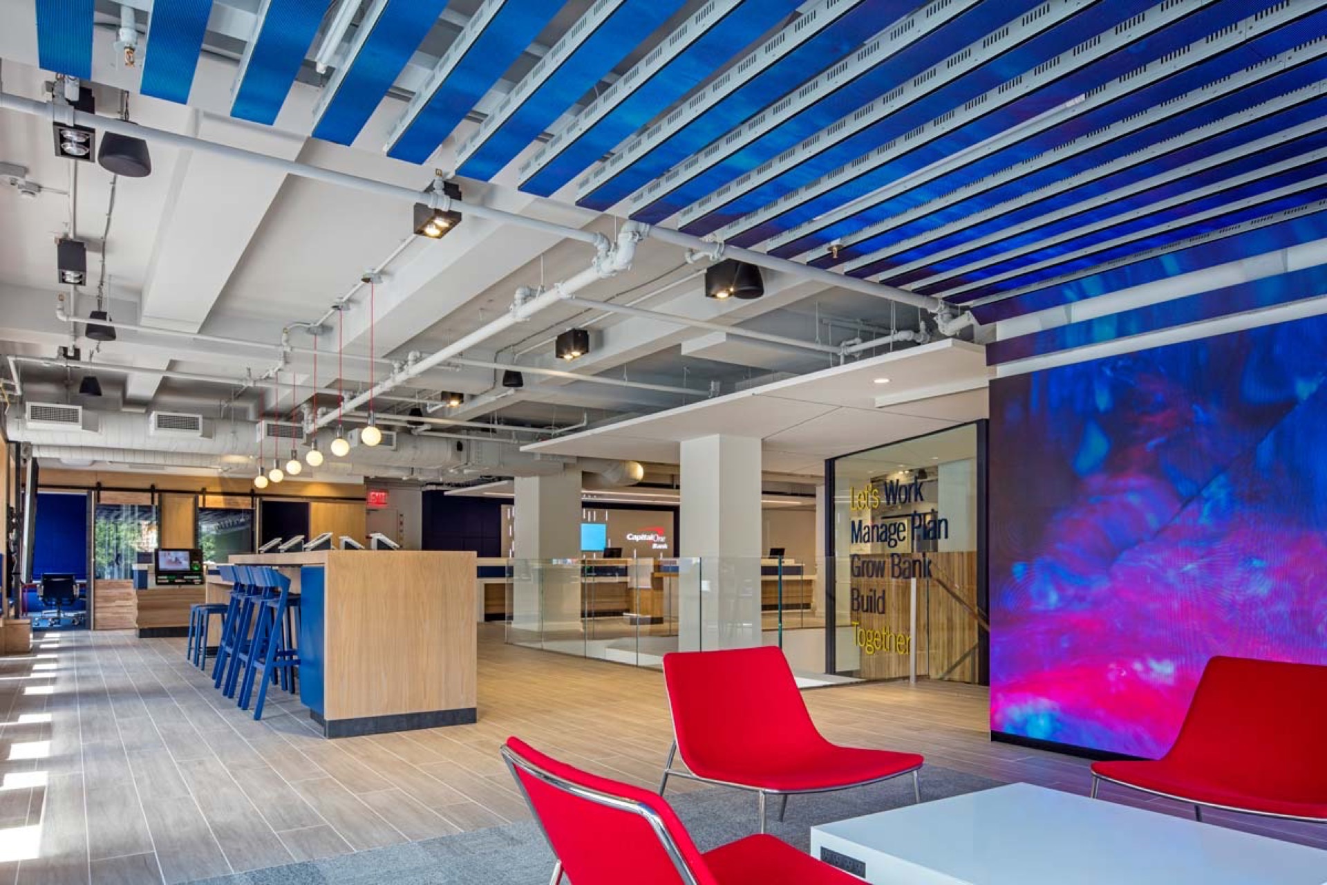 Large LED display in a banking café lounge